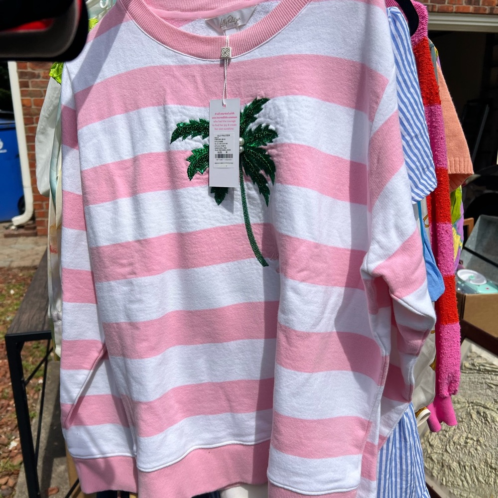 Pink and White Striped  Sweater with Palm Tree Design Lilly